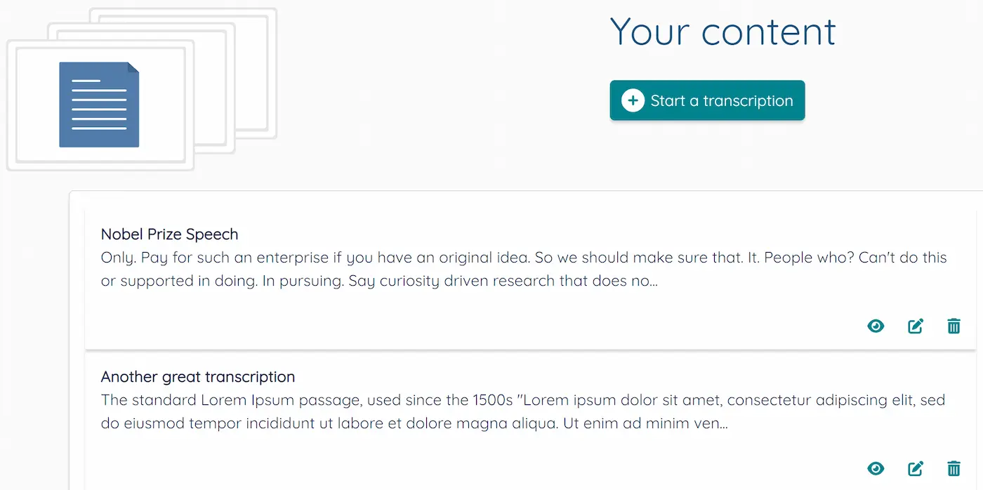 Screenshot of the page showing the set of transcripts available at autoScrib.